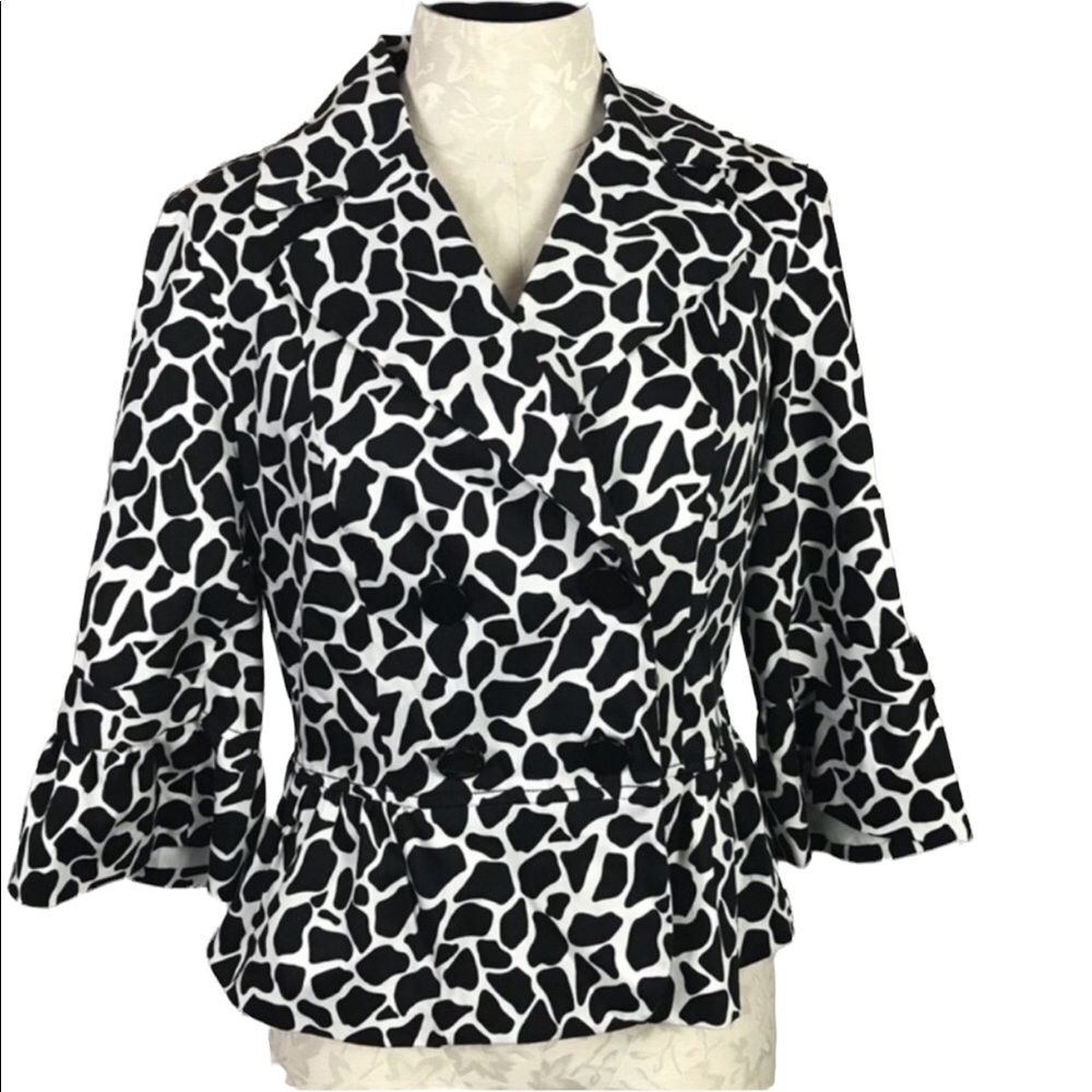 Sandro Black White Animal Print Button Bell Sleeve Blazer Jacket Women S…
